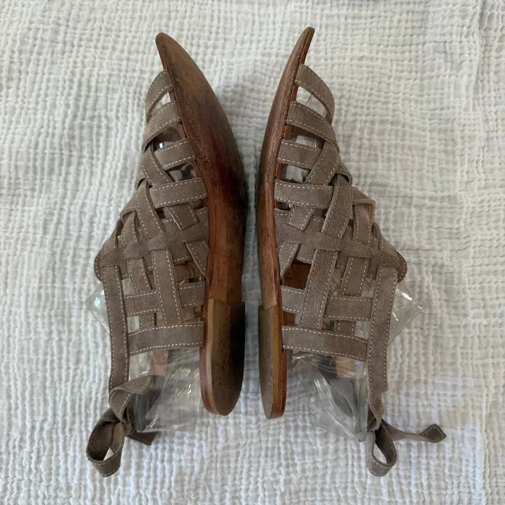 Navyboot Sandals Size 39 Tan Suede Leather Basket Weave Gladiator Ankle Tie
